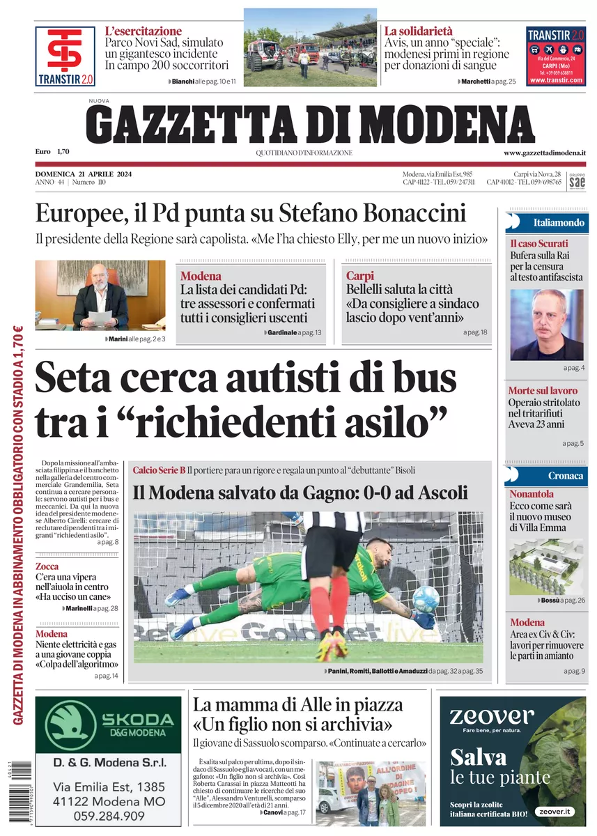 Prima-pagina-gazzetta di modena-oggi-edizione-del-2024-04-21